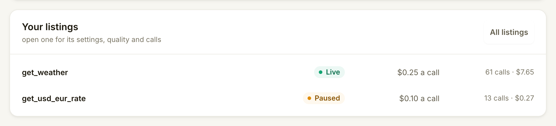 Provider console listing two tools with their status, price per call, calls and earnings